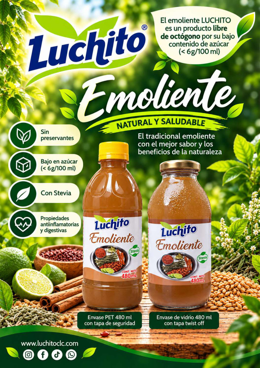 Publicidad original Luchito Emoliente con los envases PET y vidrio de 480 ml