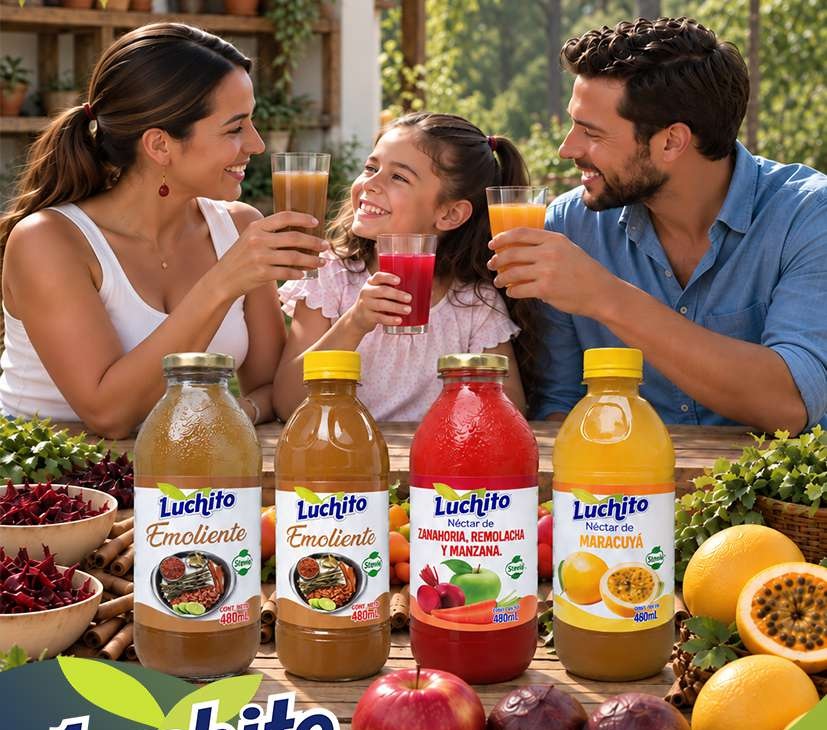 Familia compartiendo bebidas y néctares Luchito en casa